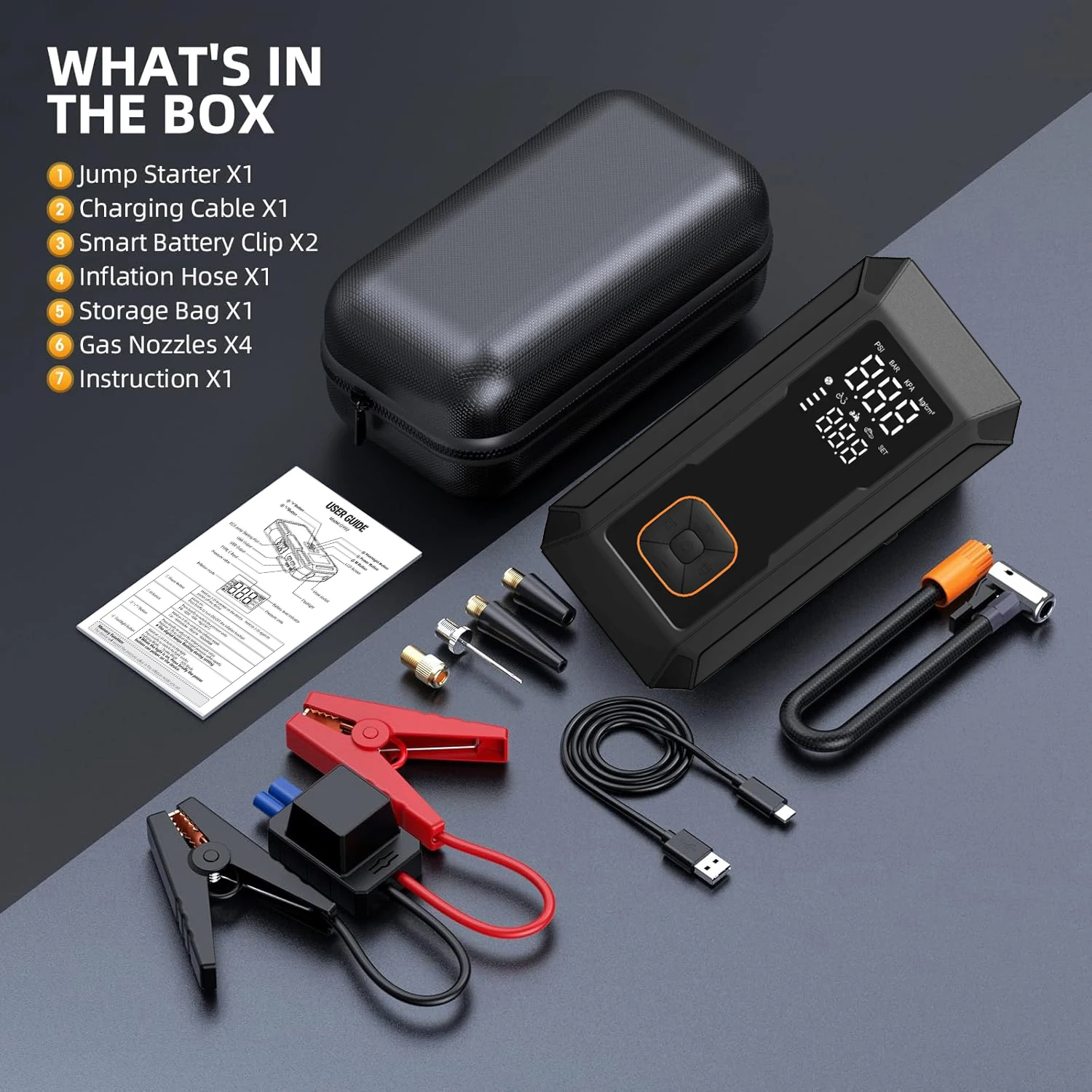 5-IN-1 Car Jump Starter with Air Compressor Peak 1500A Auto Battery Booster 150PSI Air Pump Portable Power Bank Tire Inflator
