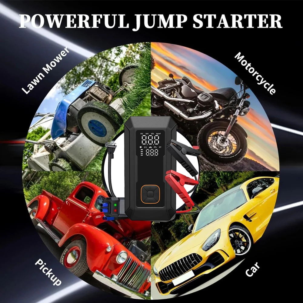 5-IN-1 Car Jump Starter with Air Compressor Peak 1500A Auto Battery Booster 150PSI Air Pump Portable Power Bank Tire Inflator
