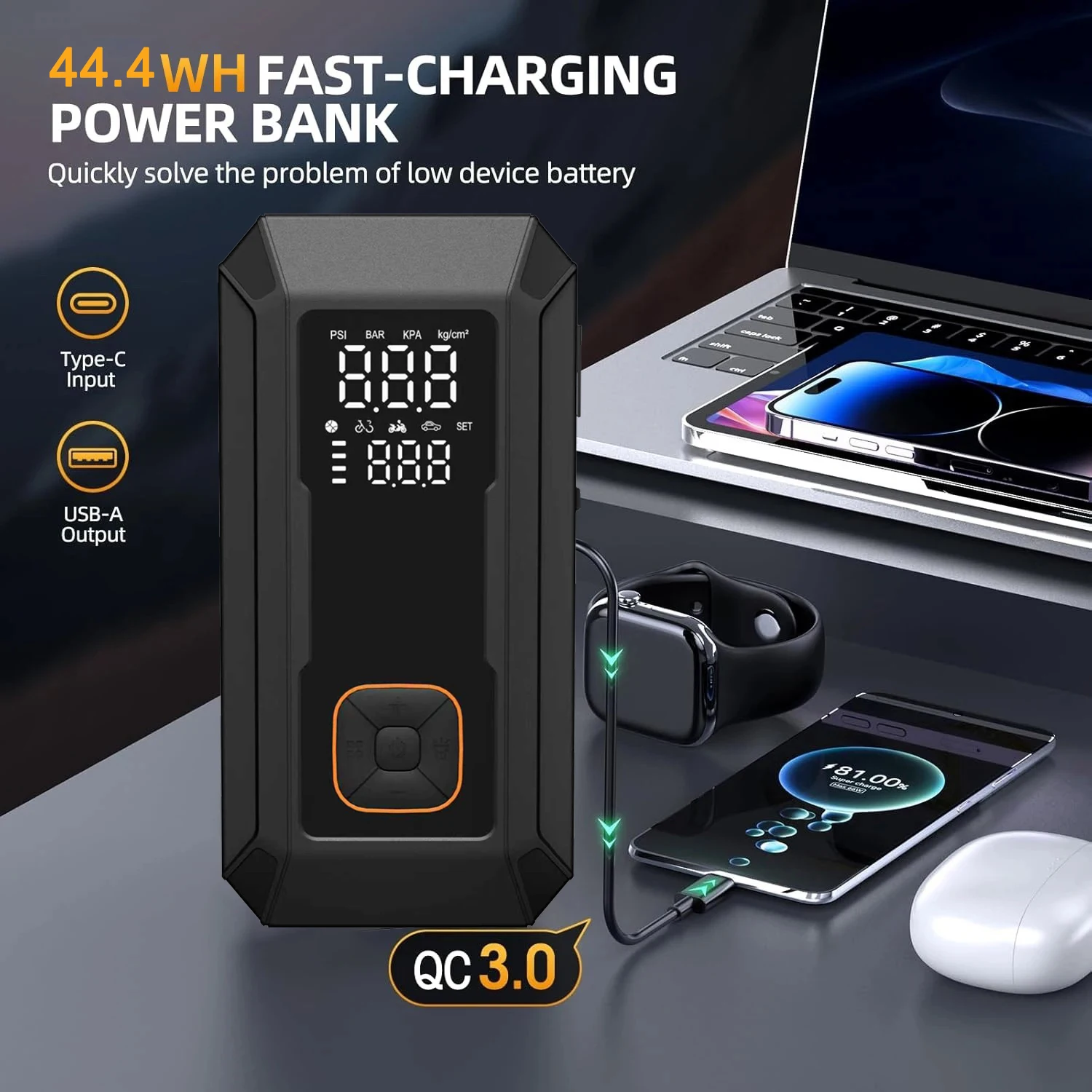 5-IN-1 Car Jump Starter with Air Compressor Peak 1500A Auto Battery Booster 150PSI Air Pump Portable Power Bank Tire Inflator