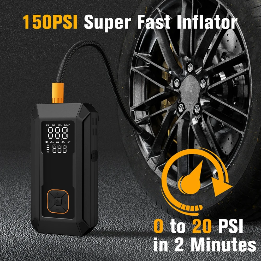 5-IN-1 Car Jump Starter with Air Compressor Peak 1500A Auto Battery Booster 150PSI Air Pump Portable Power Bank Tire Inflator