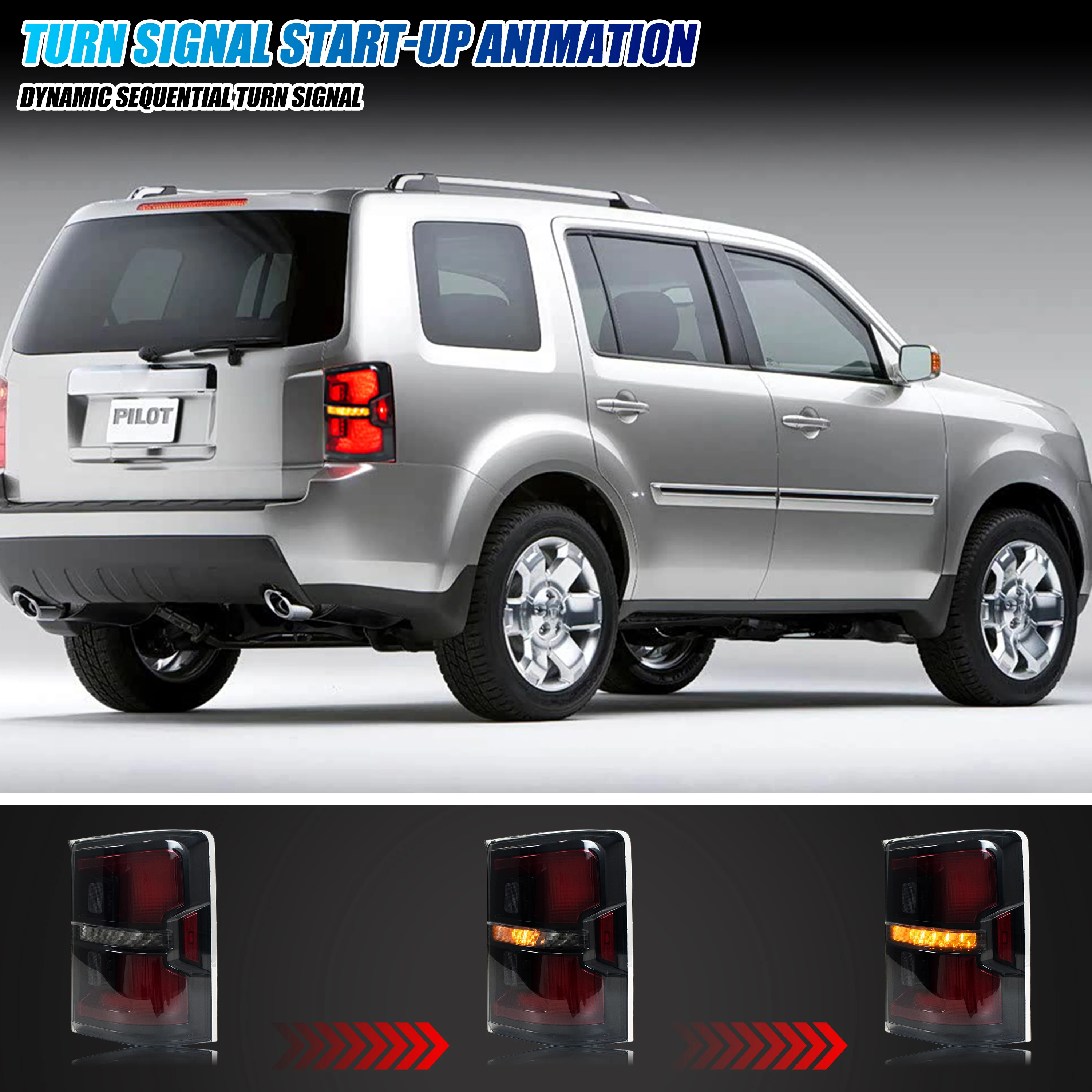 LED Tail Lights for Honda Pilot 2009-2015 Start-up Animation Sequential Turn Signal Black Rear Lamps Assembly