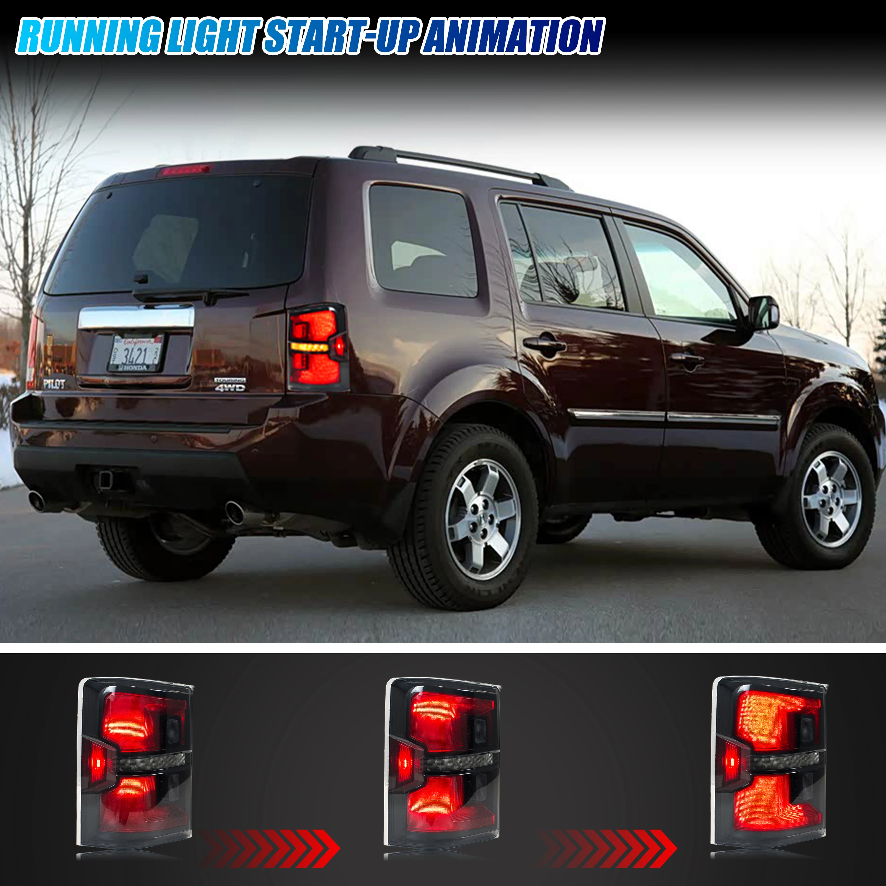 LED Tail Lights for Honda Pilot 2009-2015 Start-up Animation Sequential Turn Signal Black Rear Lamps Assembly