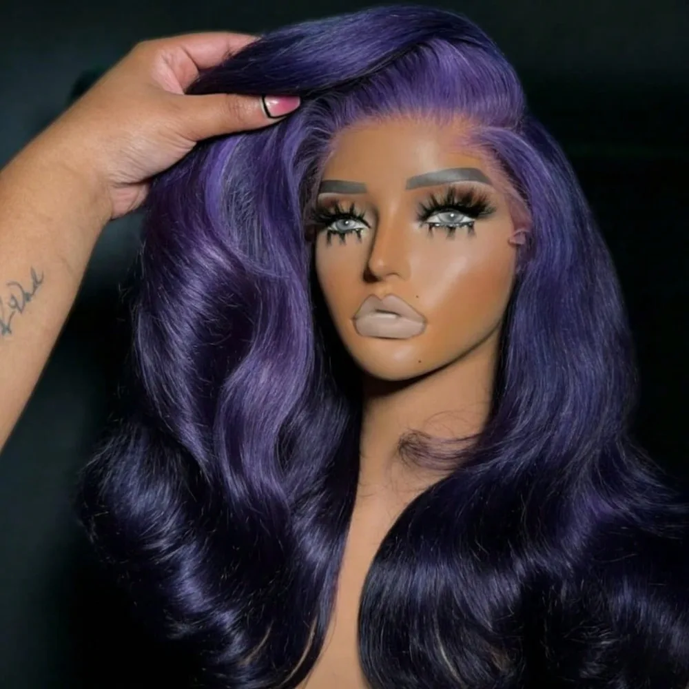 200% Density 13X4 Dark Purple Colored Body Wave Lace Front Wigs Pre Plucked Glueless 13x4 Long Wavy Lace Frontal Wigs for Women