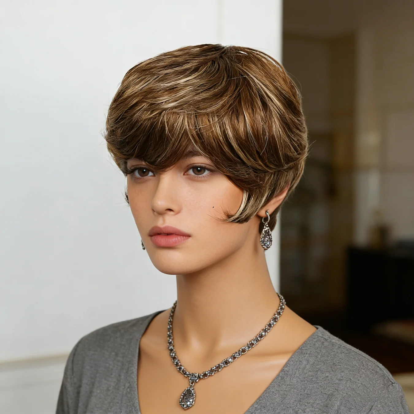 P4/27 Mixed Brown Highlight Pixie Cut Wig Human Hair for Women Short Straight with Bangs 180% Density Natural Look Versatile St