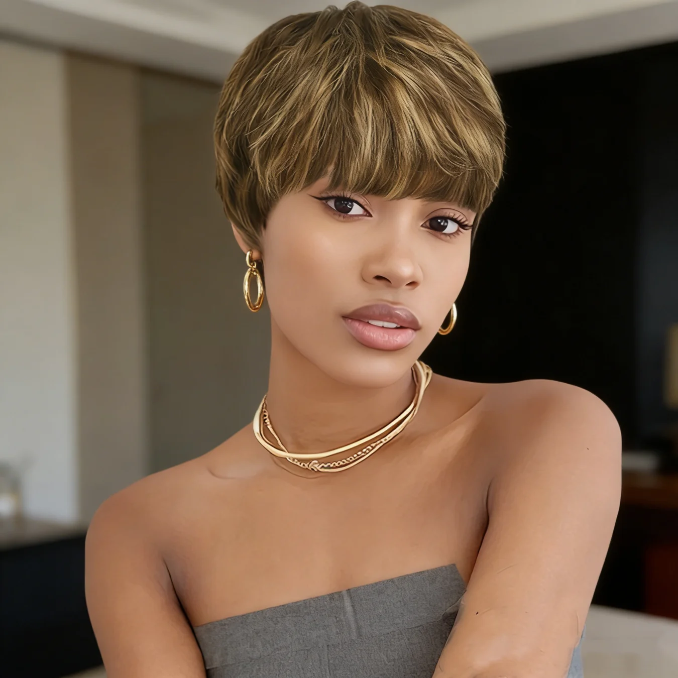 P4/27 Mixed Brown Highlight Pixie Cut Wig Human Hair for Women Short Straight with Bangs 180% Density Natural Look Versatile St