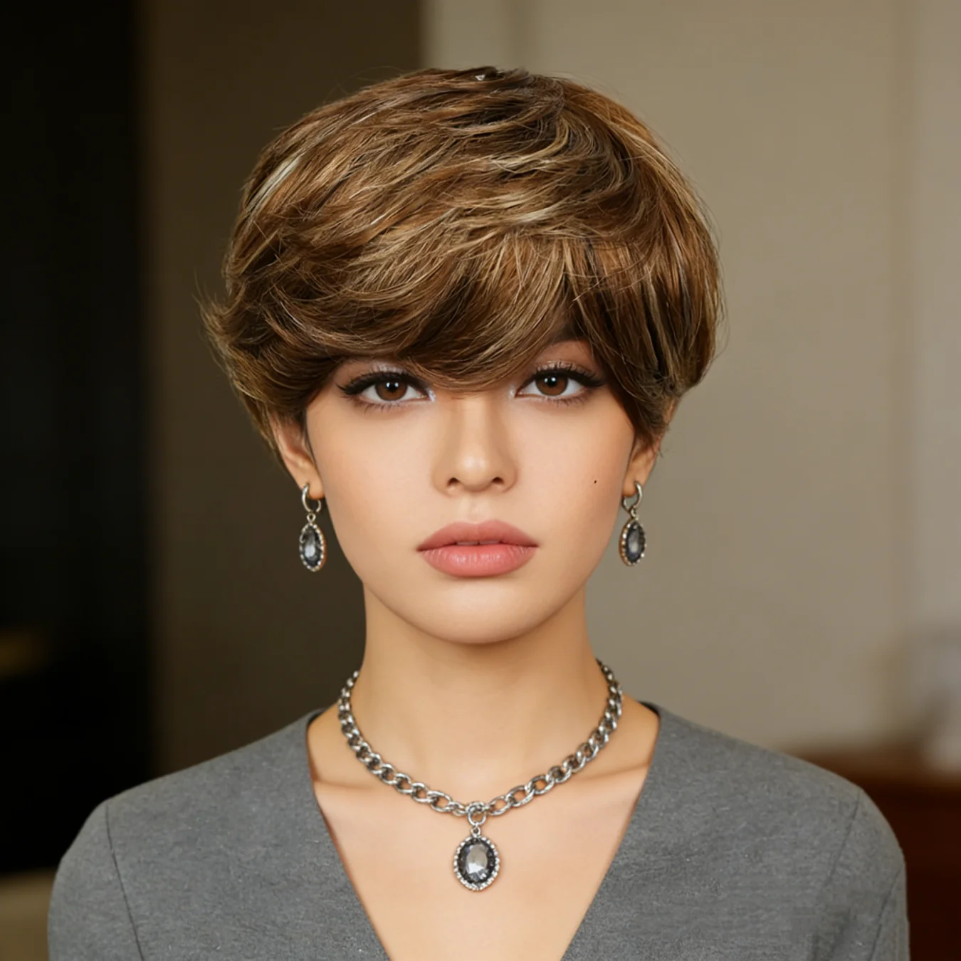 P4/27 Mixed Brown Highlight Pixie Cut Wig Human Hair for Women Short Straight with Bangs 180% Density Natural Look Versatile St