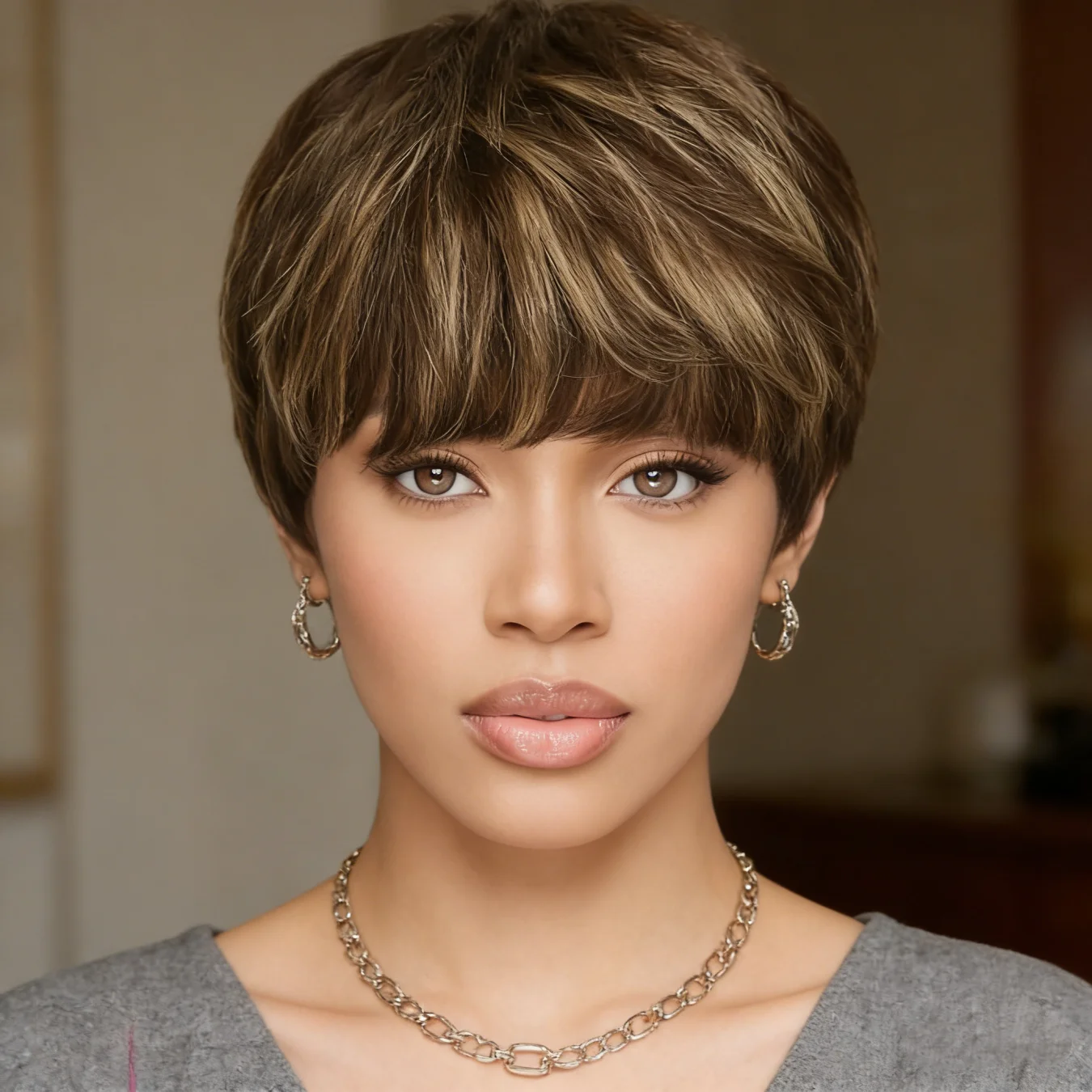P4/27 Mixed Brown Highlight Pixie Cut Wig Human Hair for Women Short Straight with Bangs 180% Density Natural Look Versatile St