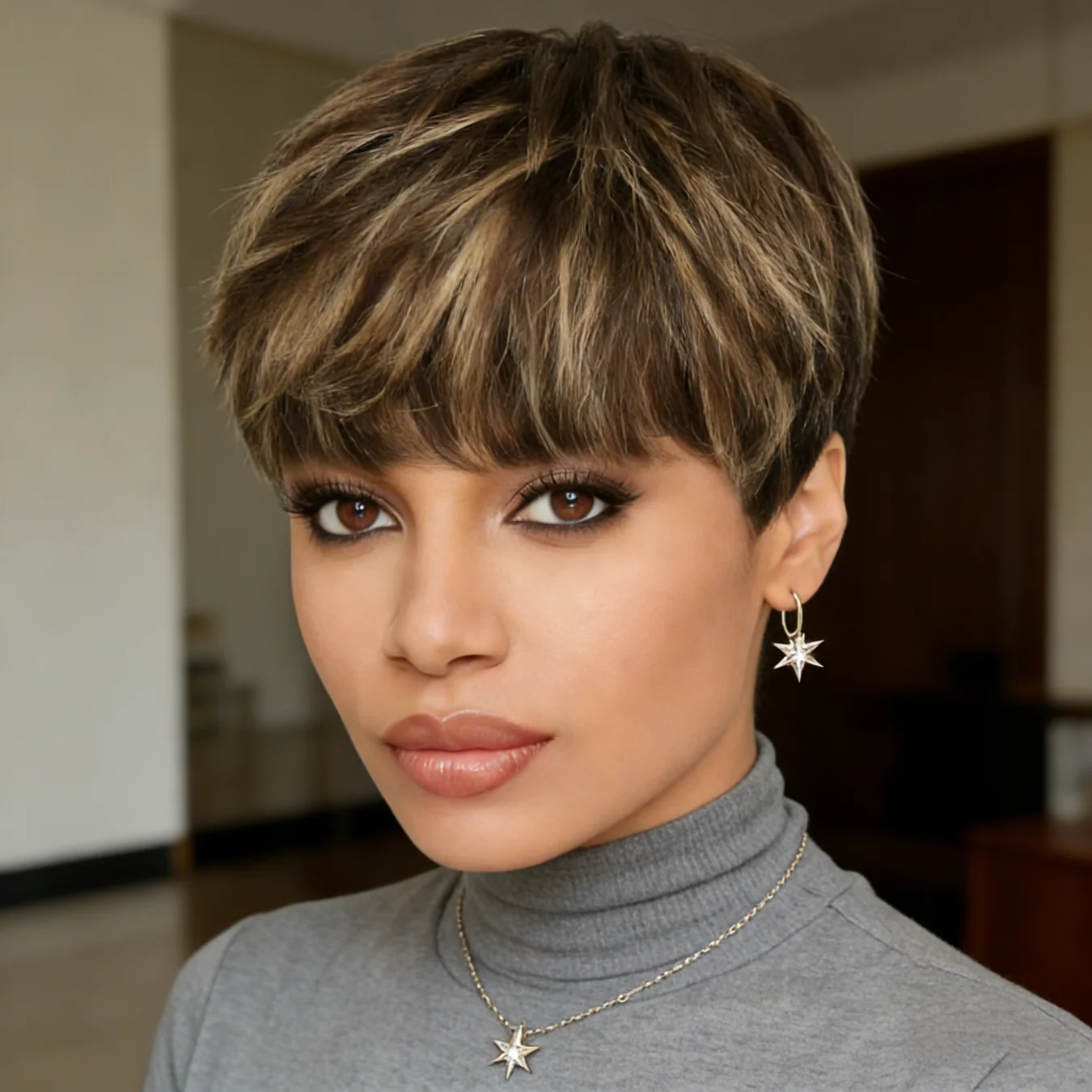 P4/27 Mixed Brown Highlight Pixie Cut Wig Human Hair for Women Short Straight with Bangs 180% Density Natural Look Versatile St