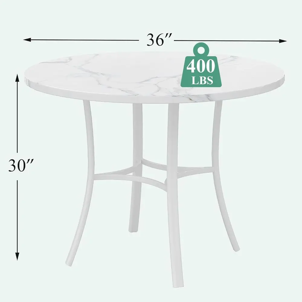 36" Round Dining Table or 4, aux Marble Dinette with Metal e or Kitchen, Aparent, Home, Space-Saving, O White