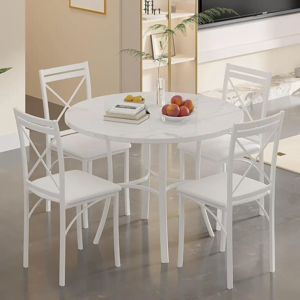 36" Round Dining Table or 4, aux Marble Dinette with Metal e or Kitchen, Aparent, Home, Space-Saving, O White