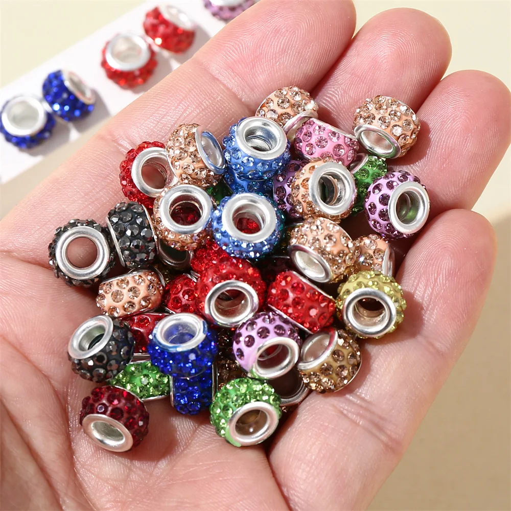50Pcs mix color big hole beads 11mm alloy loose spacer beads with rhinestone for jewelry making DIY bracelet accessories