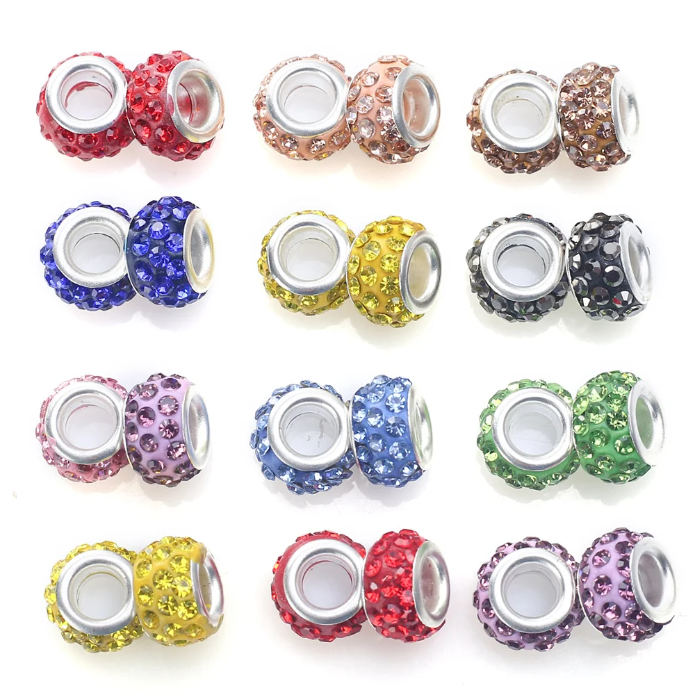 50Pcs mix color big hole beads 11mm alloy loose spacer beads with rhinestone for jewelry making DIY bracelet accessories