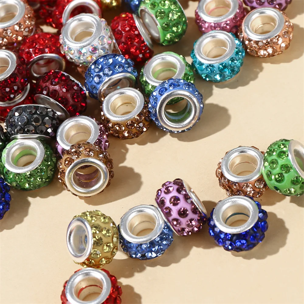 50Pcs mix color big hole beads 11mm alloy loose spacer beads with rhinestone for jewelry making DIY bracelet accessories
