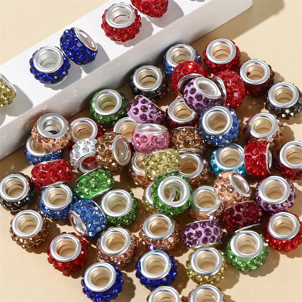 50Pcs mix color big hole beads 11mm alloy loose spacer beads with rhinestone for jewelry making DIY bracelet accessories