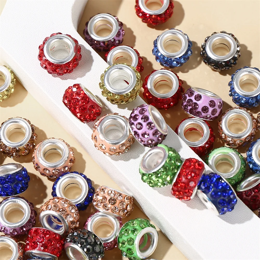 50Pcs mix color big hole beads 11mm alloy loose spacer beads with rhinestone for jewelry making DIY bracelet accessories