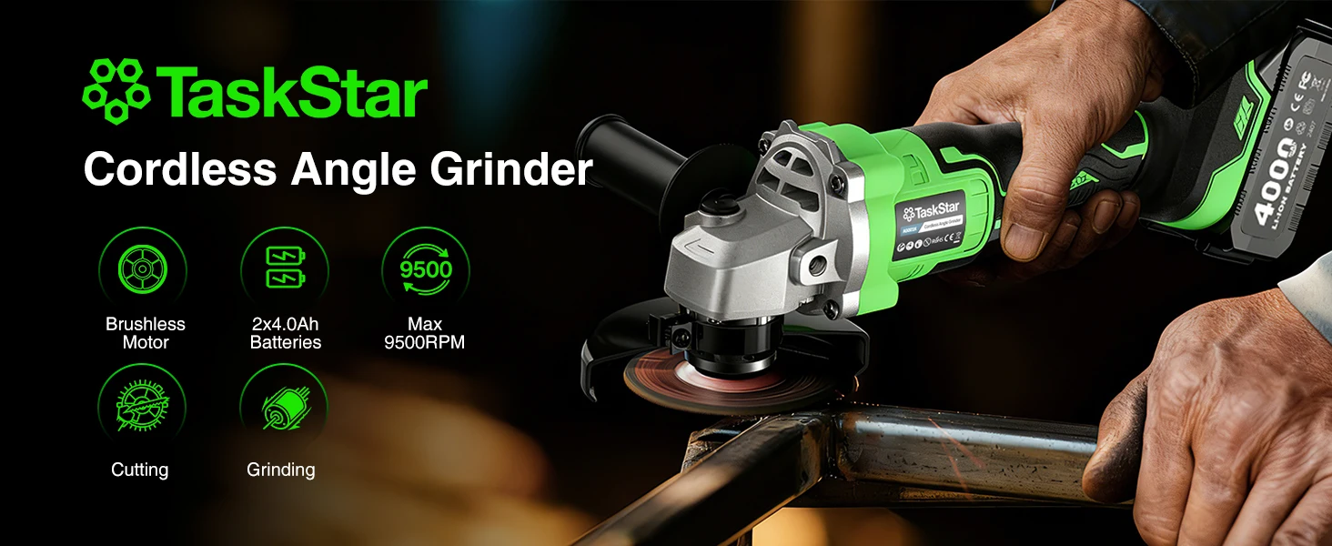 TaskStar 21V Cordless Angle Grinder 115mm 10000RPM 4.0Ah Battery Brushless Electric Polishing Cutting For Makita 18V Battery Pin