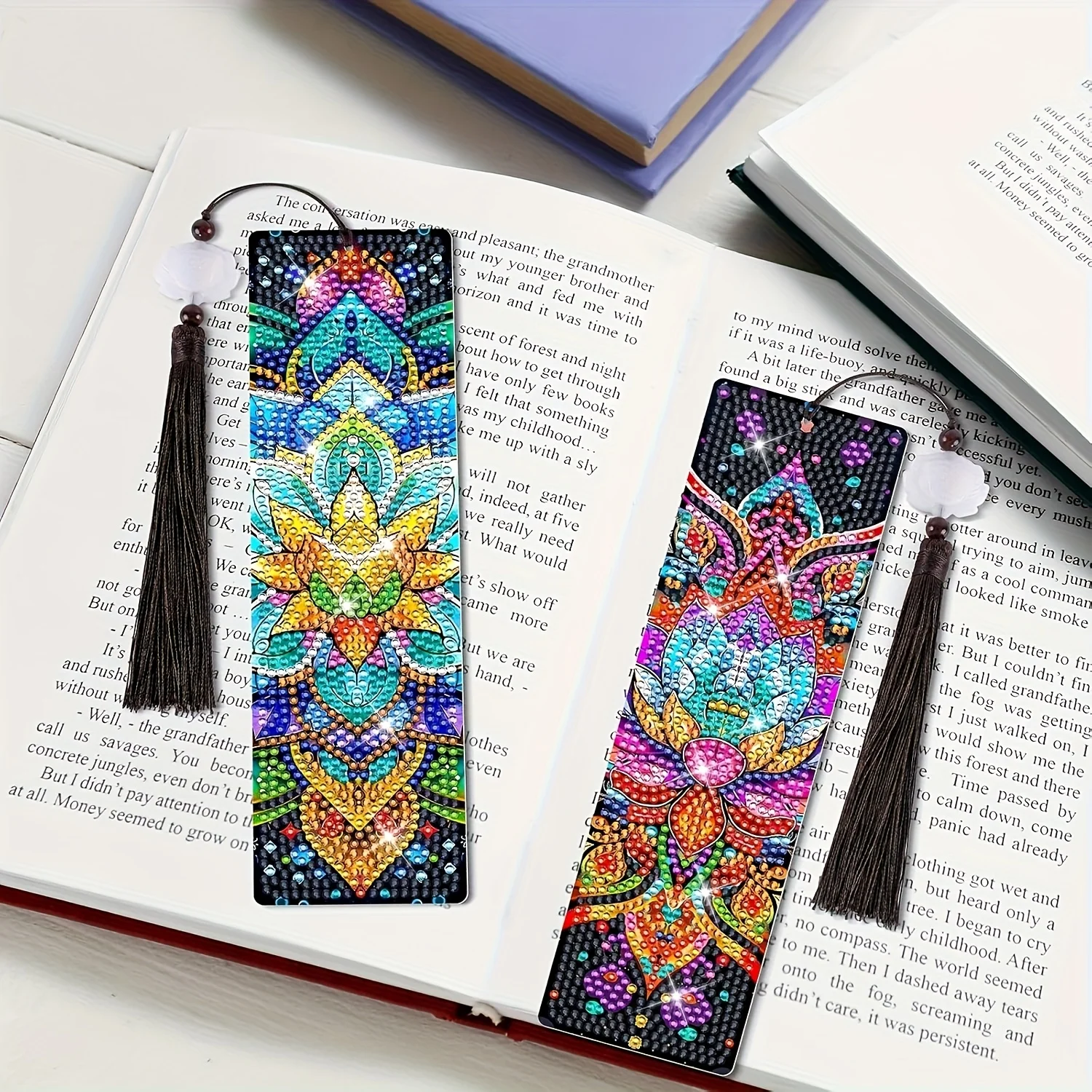 8-piece set of diamond painting bookmark set, rhinestone acrylic tassel bookmark, 19.5x5.6mm, DIY craft set for book lovers