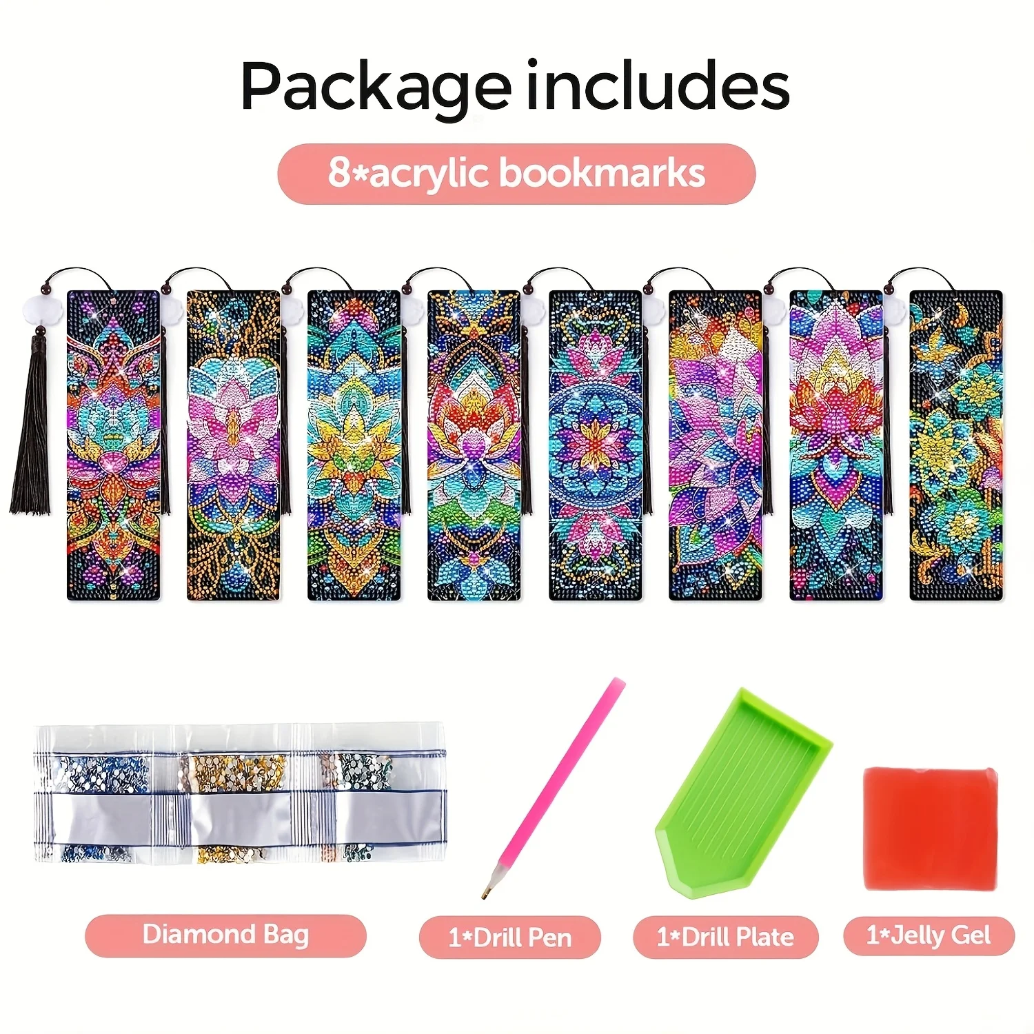 8-piece set of diamond painting bookmark set, rhinestone acrylic tassel bookmark, 19.5x5.6mm, DIY craft set for book lovers