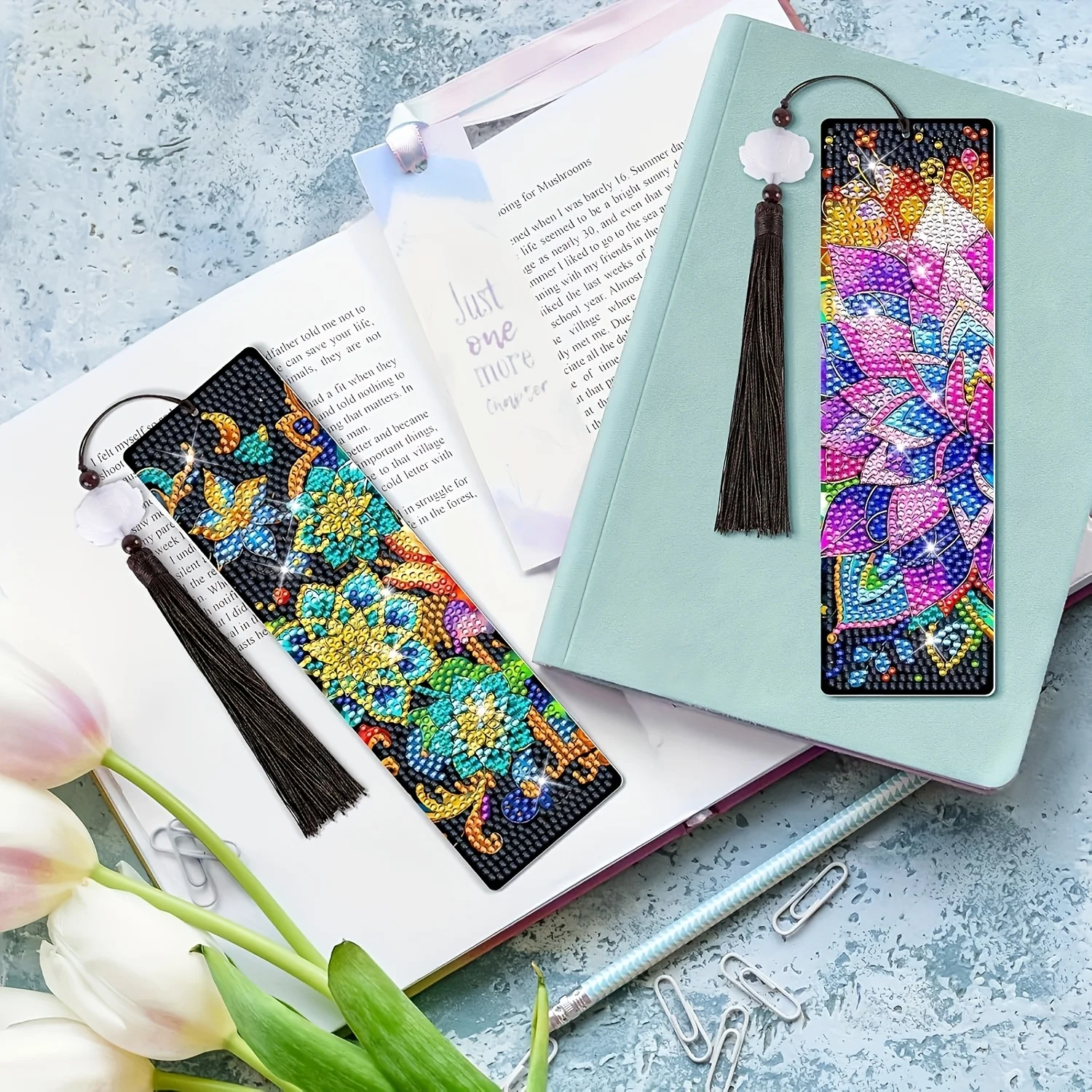 8-piece set of diamond painting bookmark set, rhinestone acrylic tassel bookmark, 19.5x5.6mm, DIY craft set for book lovers