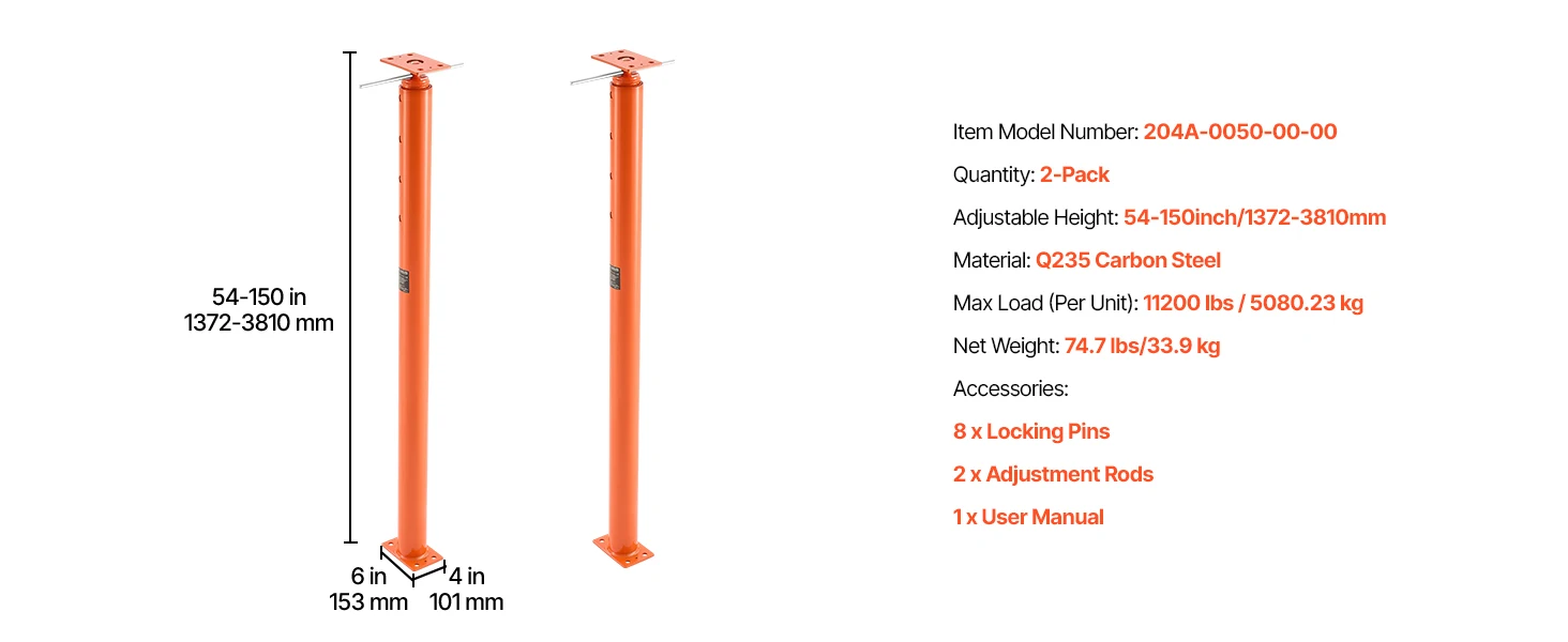 SucceBuy 2Pack 11200LBS House Floor Jacks 54-150in Height Adjustable Support Beam Basement Jack Post Pole for Leveling Temporary