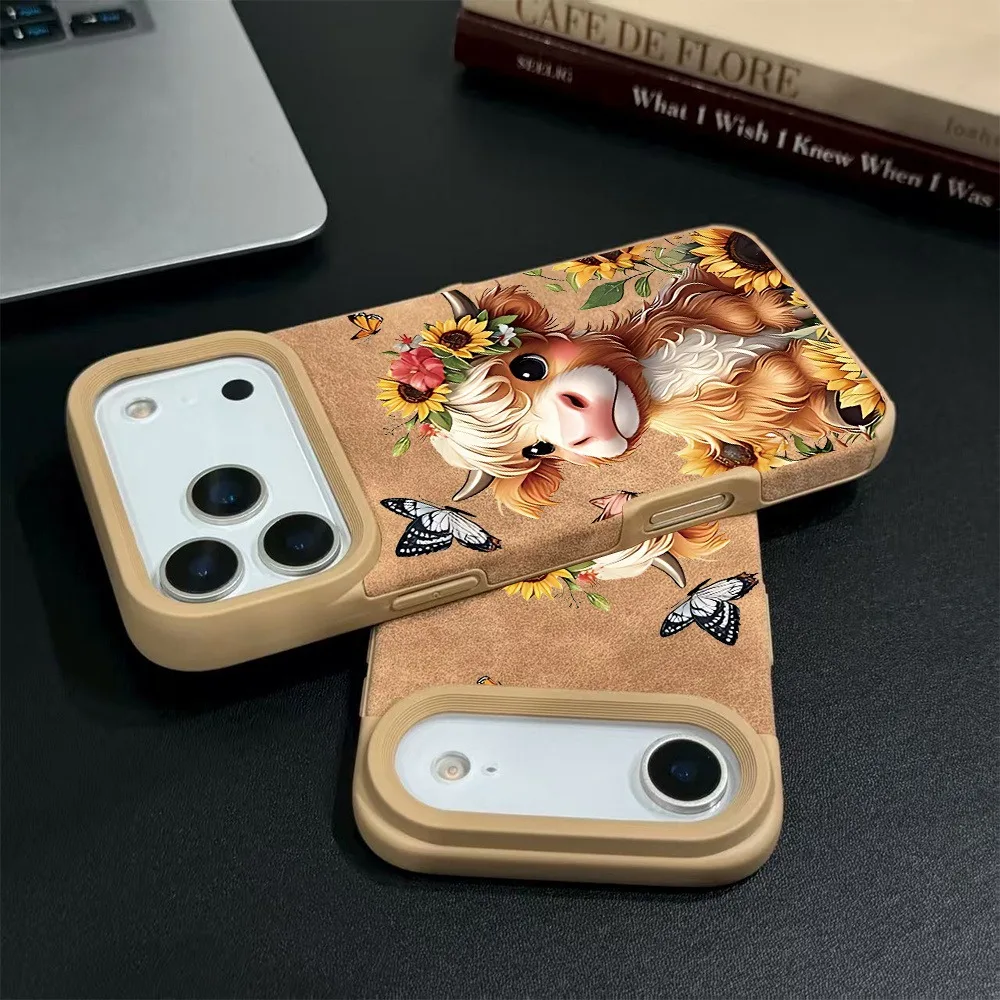 1 piece khaki cartoon highland cow sunflower butterfly pattern  iPhone 17/17Pro/17Promax/17Air/16/15/14/13/12/11 series