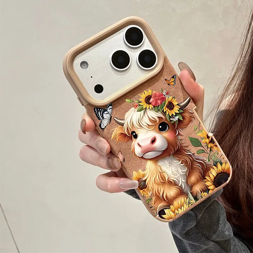 1 piece khaki cartoon highland cow sunflower butterfly pattern  iPhone 17/17Pro/17Promax/17Air/16/15/14/13/12/11 series