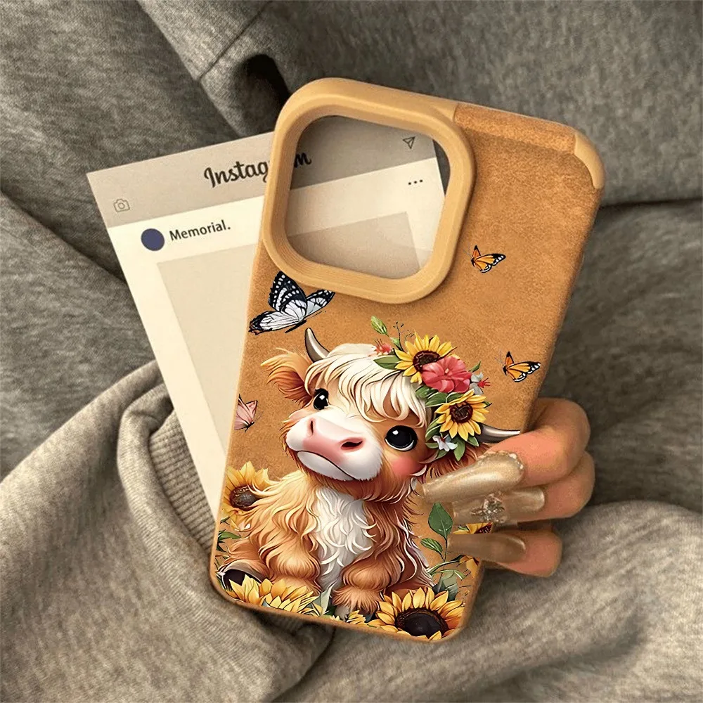 1 piece khaki cartoon highland cow sunflower butterfly pattern  iPhone 17/17Pro/17Promax/17Air/16/15/14/13/12/11 series