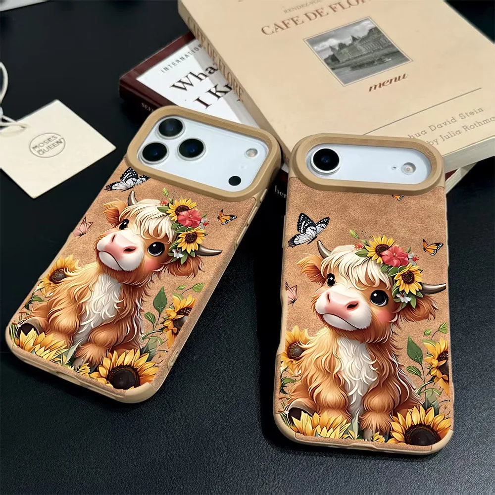 1 piece khaki cartoon highland cow sunflower butterfly pattern  iPhone 17/17Pro/17Promax/17Air/16/15/14/13/12/11 series