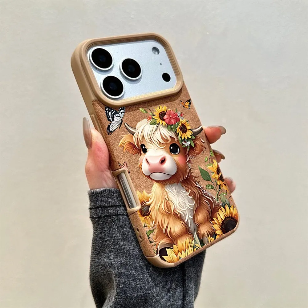 1 piece khaki cartoon highland cow sunflower butterfly pattern  iPhone 17/17Pro/17Promax/17Air/16/15/14/13/12/11 series