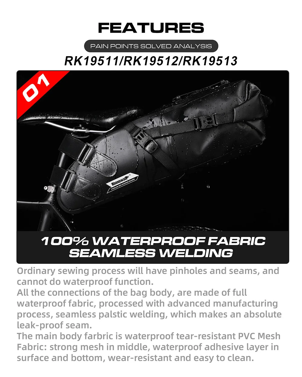 Rhinowalk Bike Saddle Bag Waterproof 5L-13L Large Capacity Foldable Tail Rear Bag Reflective Cycling MTB Trunk Pannier Black