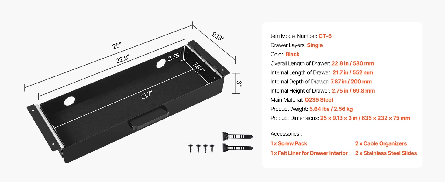 SucceBuy 13in/22in Under Desk Drawer Slide Out Desktop Storage Box Mounted Pullout Undertable Drawer Organizer for Office Home