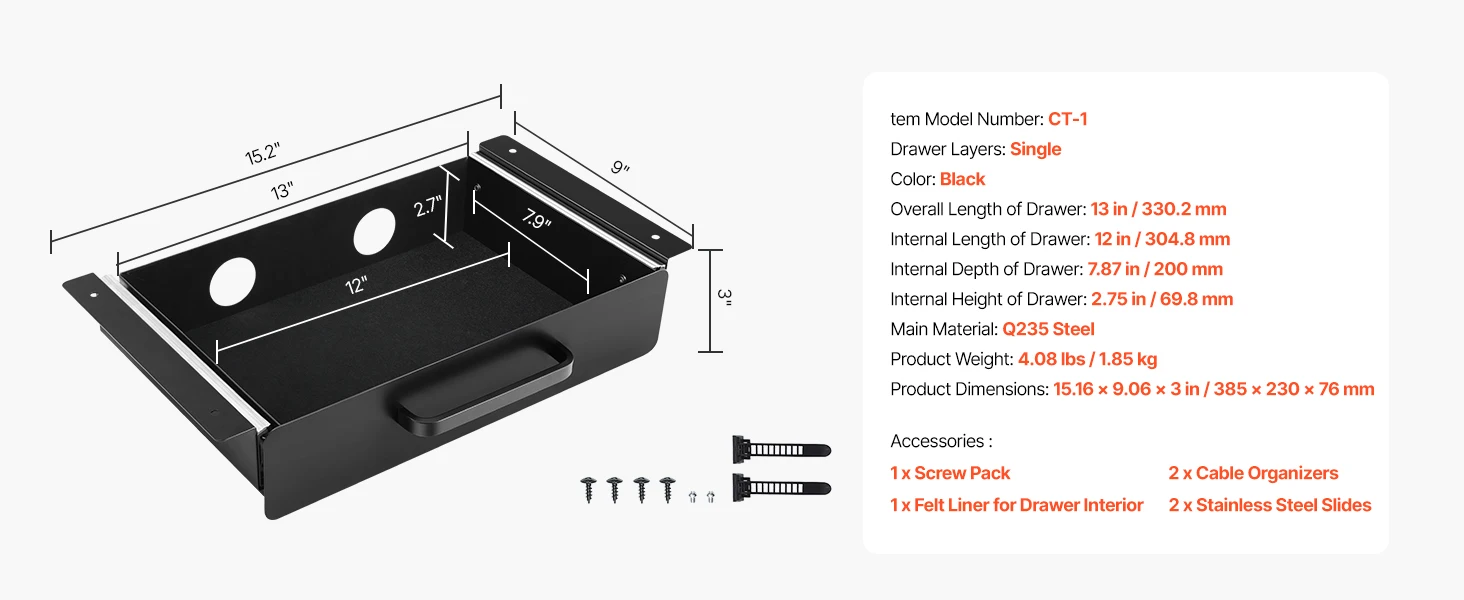 SucceBuy 13in/22in Under Desk Drawer Slide Out Desktop Storage Box Mounted Pullout Undertable Drawer Organizer for Office Home
