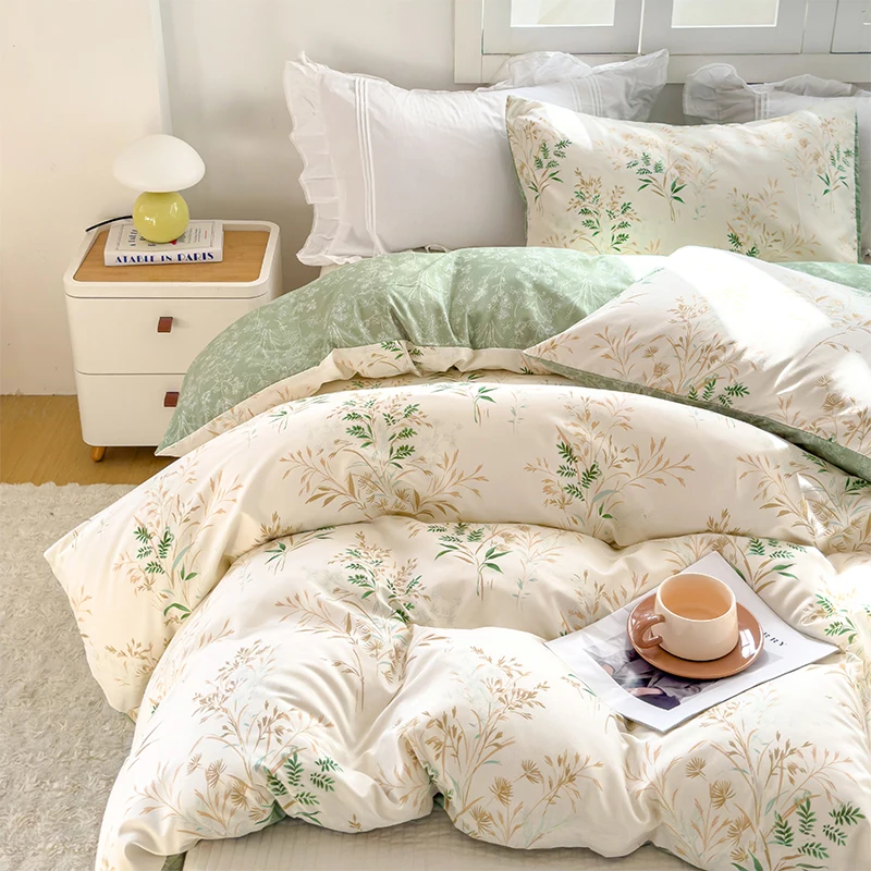Tea Art Plant Print Three-Piece Duvet Cover Set (1 Duvet Cover + 2 Pillowcases) Ultra-Soft Breathable Fabric Skin-Friendly Comfortable Breathable Machine Washable Suitable for All Seasons Mother's Day Gift Fresh Pastoral Style