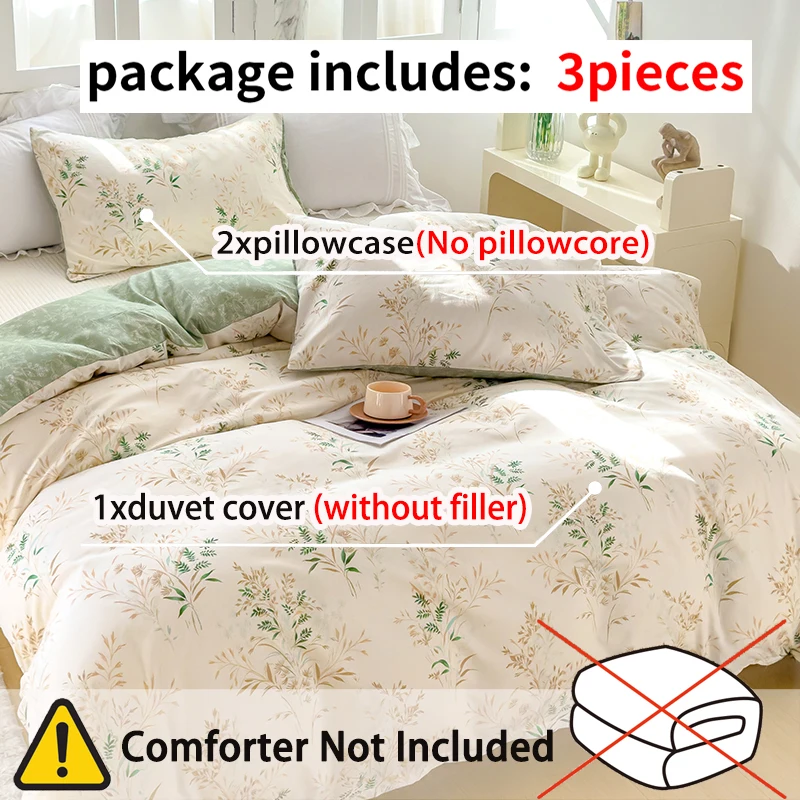 Tea Art Plant Print Three-Piece Duvet Cover Set (1 Duvet Cover + 2 Pillowcases) Ultra-Soft Breathable Fabric Skin-Friendly Comfortable Breathable Machine Washable Suitable for All Seasons Mother's Day Gift Fresh Pastoral Style