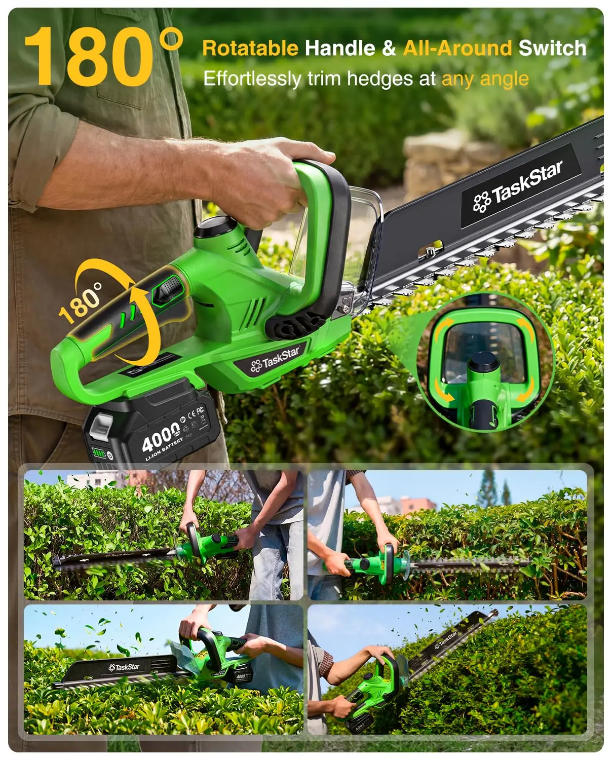 TaskStar Cordless Hedge Trimmer 22-inch Rotatable Handle All-Around Trimming Shrub Electric Bush Trimmer with 2 4.0Ah Batteries