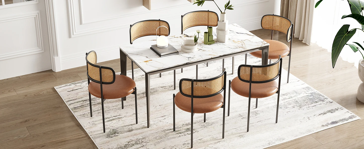 Farini PU Leather Dining Chairs, Upholstered Seat with Woven Rattan Back, Sturdy Metal Legs Modern Side Chairs for Kitchen Living Room