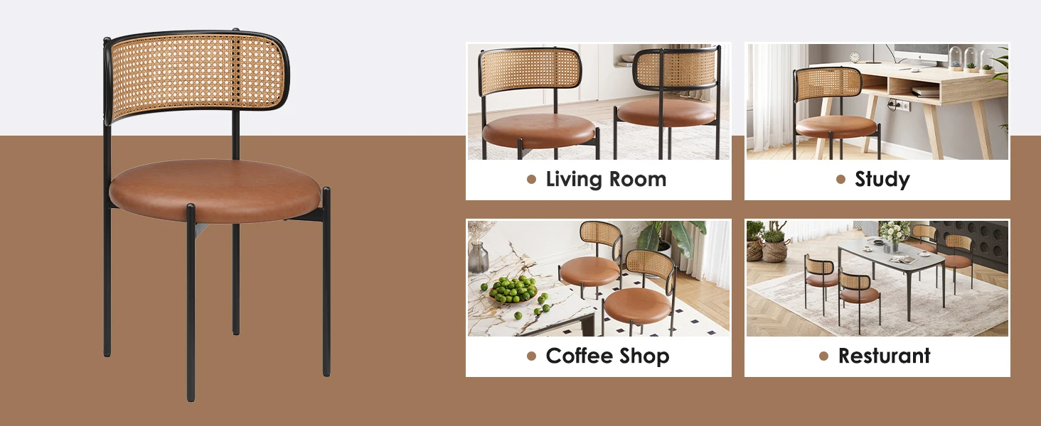 Farini PU Leather Dining Chairs, Upholstered Seat with Woven Rattan Back, Sturdy Metal Legs Modern Side Chairs for Kitchen Living Room