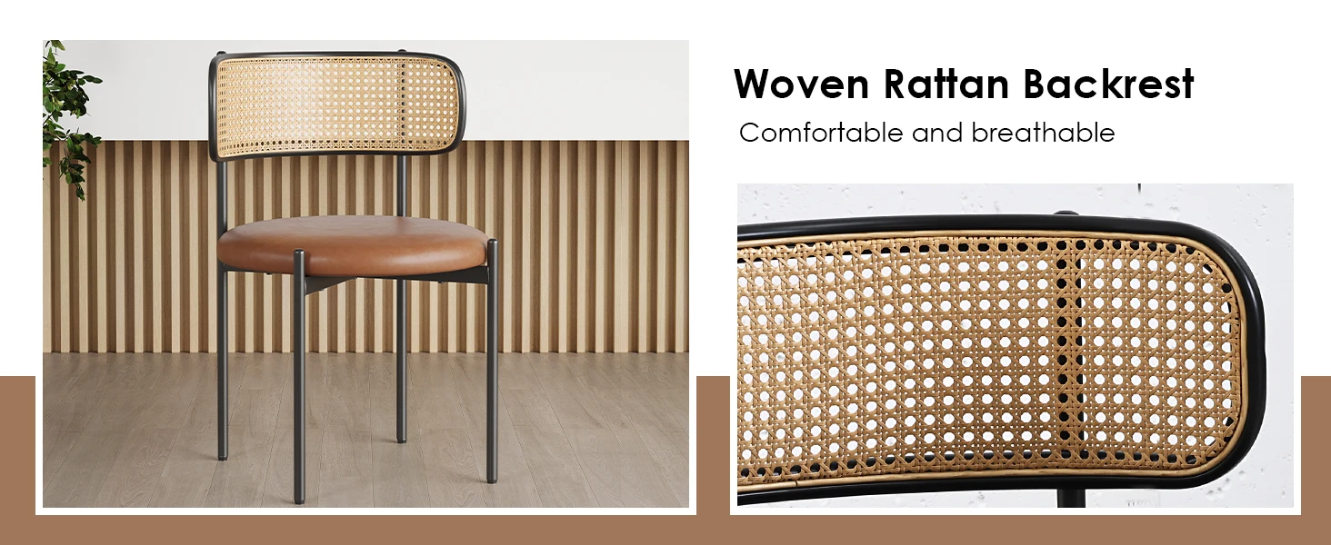 Farini PU Leather Dining Chairs, Upholstered Seat with Woven Rattan Back, Sturdy Metal Legs Modern Side Chairs for Kitchen Living Room