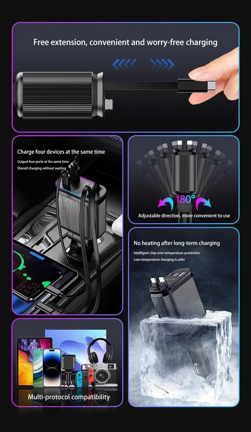 4 in 1 Car Charger, Purple 120W Car Charger with Star Spotlight, with Charging Cable & 2 Charging Ports, GM Charging