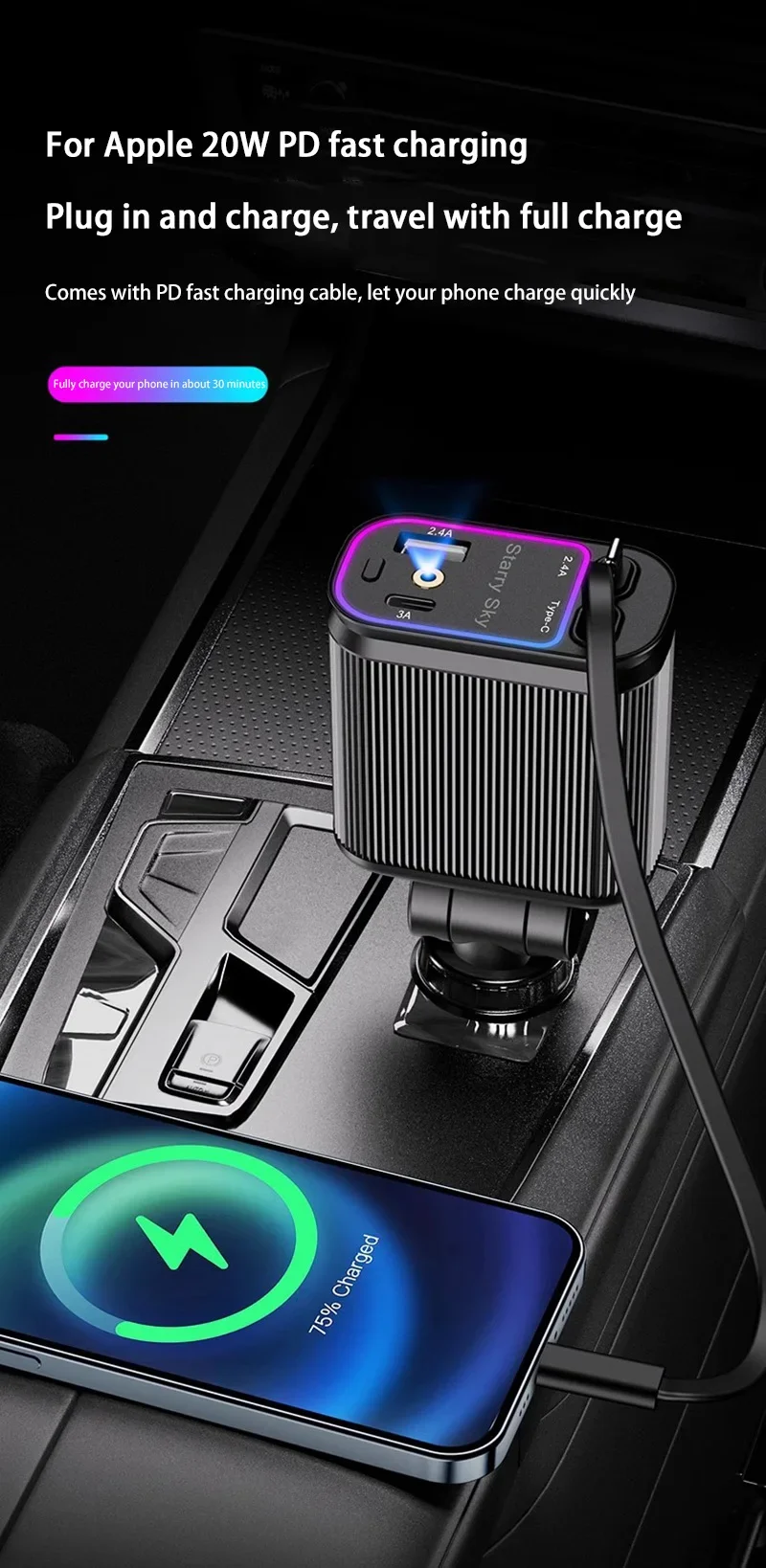 4 in 1 Car Charger, Purple 120W Car Charger with Star Spotlight, with Charging Cable & 2 Charging Ports, GM Charging