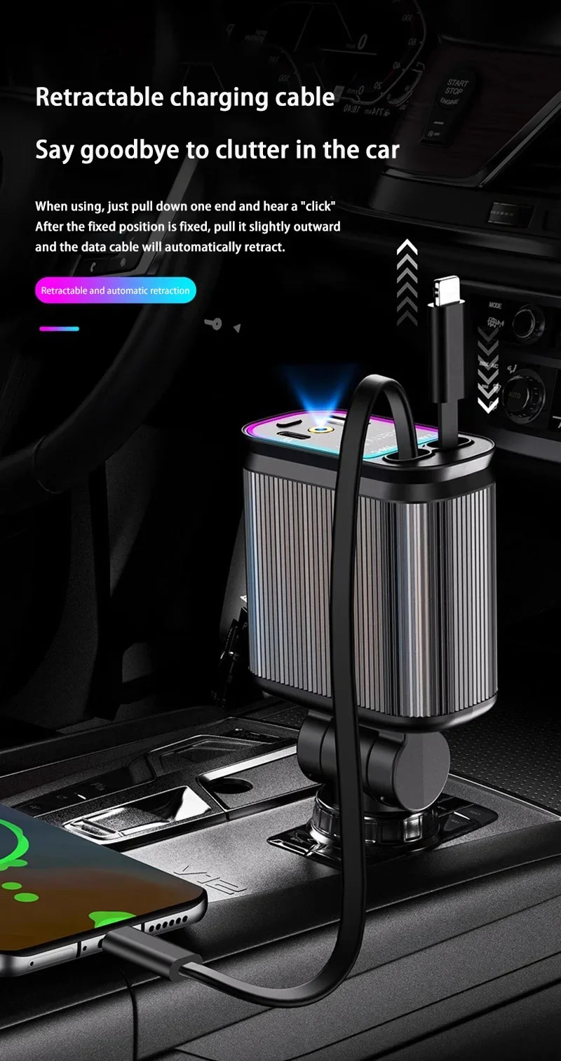 4 in 1 Car Charger, Purple 120W Car Charger with Star Spotlight, with Charging Cable & 2 Charging Ports, GM Charging