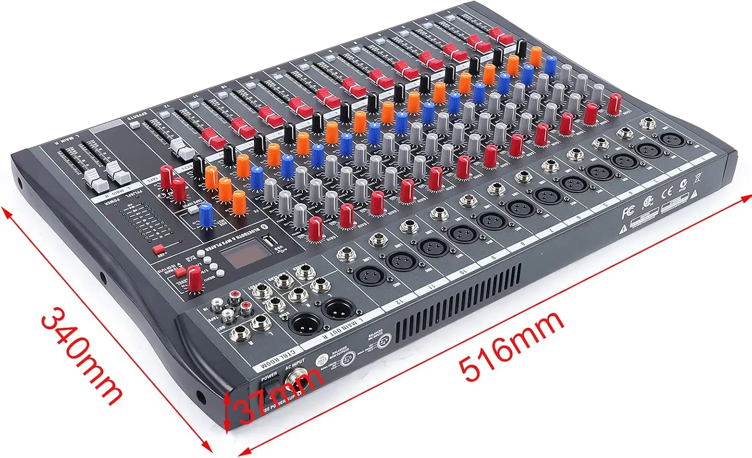12 Channel Audio Mixer, DJ Bluetooth Mixing Console Sound Board USB Professional Mixer 48V Power XLR Microphone Jack