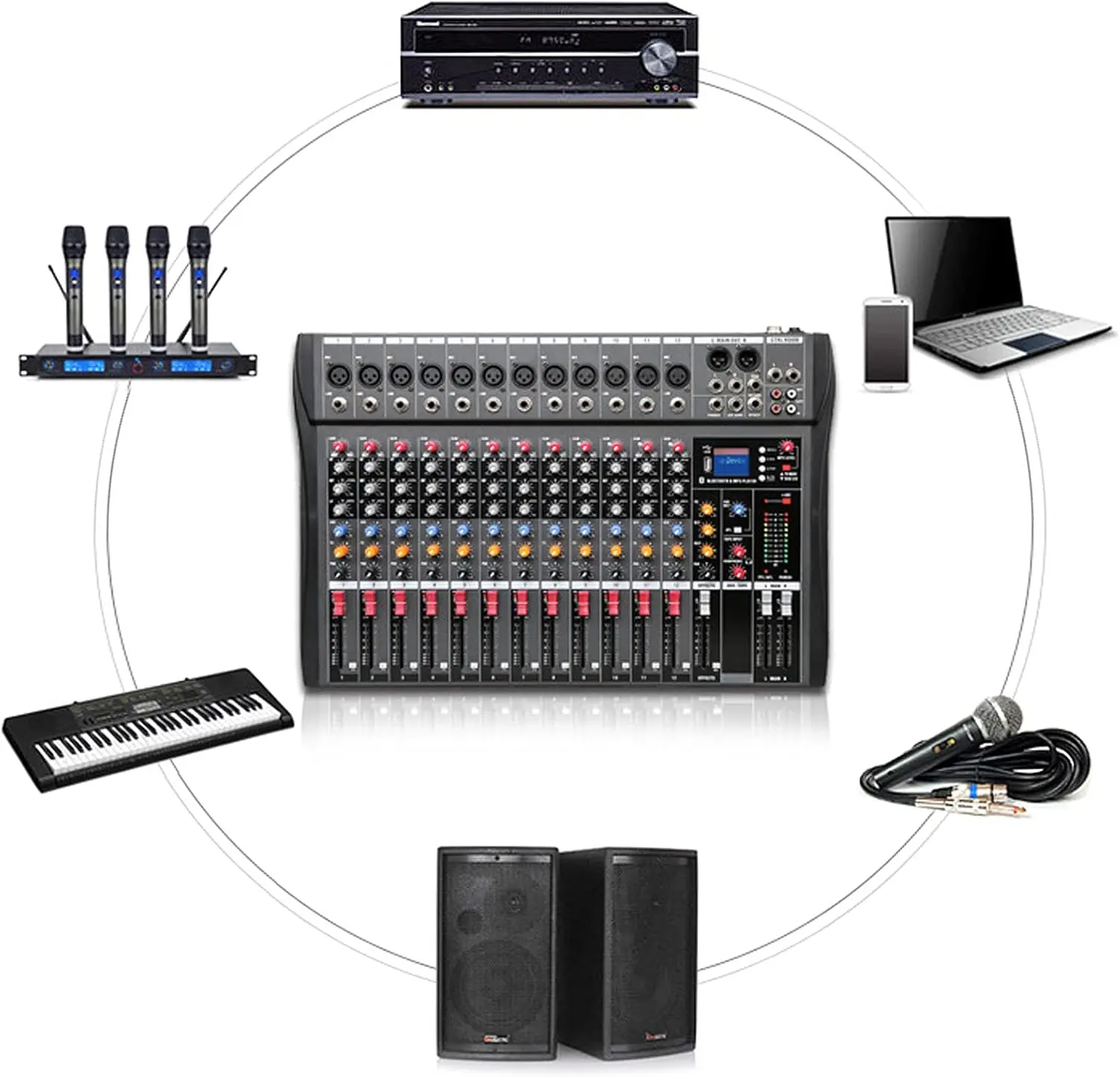 12 Channel Audio Mixer, DJ Bluetooth Mixing Console Sound Board USB Professional Mixer 48V Power XLR Microphone Jack