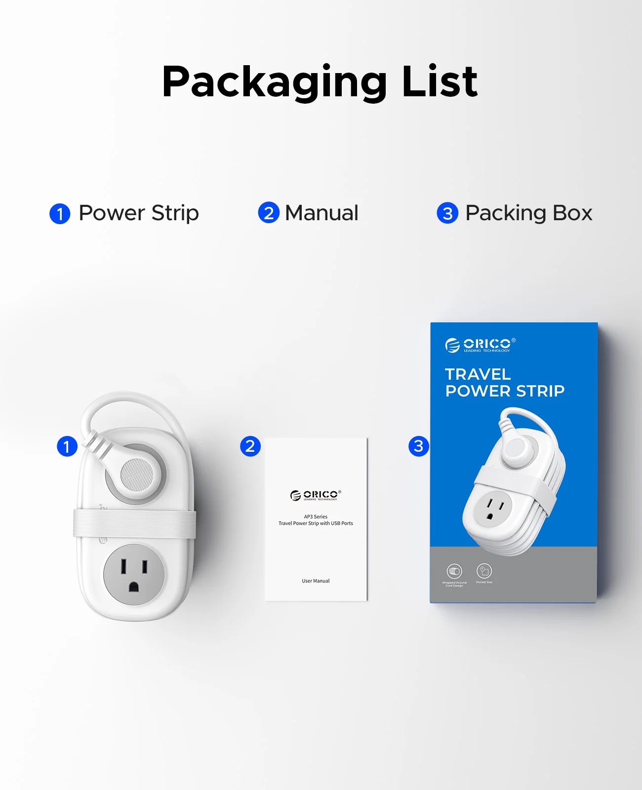 ORICO Cable-Wrap Portable Travel Power Strip 15W Fast Charging Station with 4 AC Outlets 2 USB 1 Type-C US Plug Adapter Home