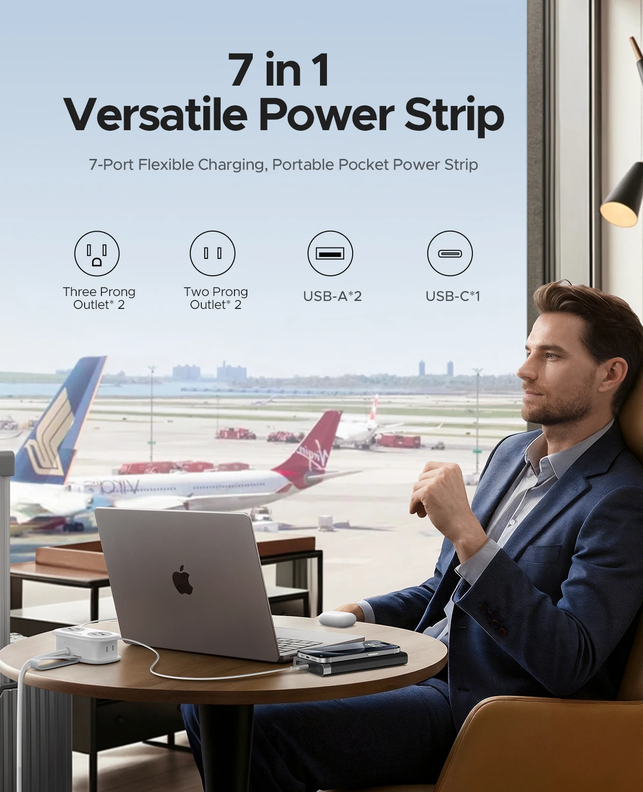 ORICO Cable-Wrap Portable Travel Power Strip 15W Fast Charging Station with 4 AC Outlets 2 USB 1 Type-C US Plug Adapter Home