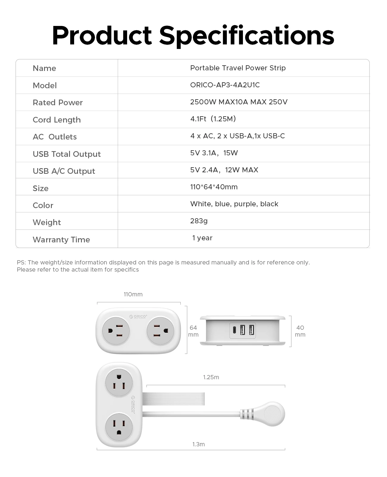ORICO Cable-Wrap Portable Travel Power Strip 15W Fast Charging Station with 4 AC Outlets 2 USB 1 Type-C US Plug Adapter Home