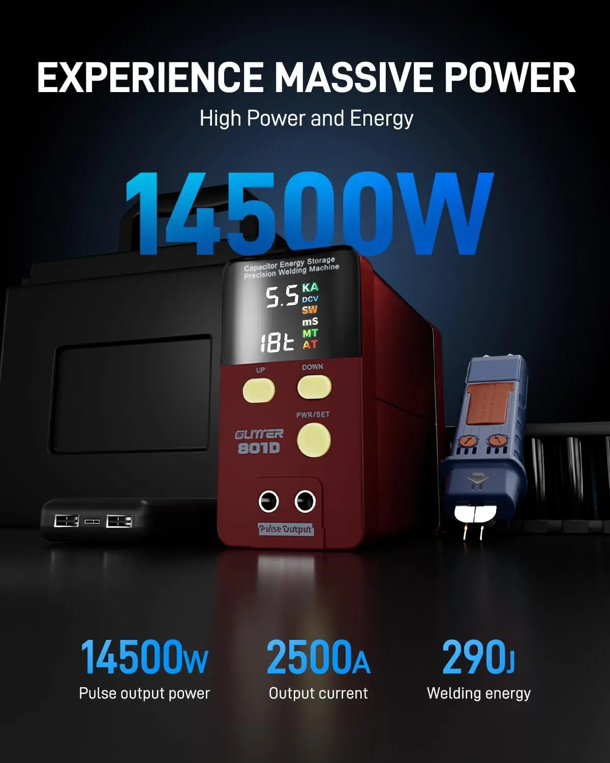 GLITTER 801D 14500W Capacitor Spot Welder:2500A High Power Pulse Battery Welding Machine for 18650 Lithium Battery Pack DIY Assembly & Repair, Professional Energy Storage Welder with Handheld Pen
