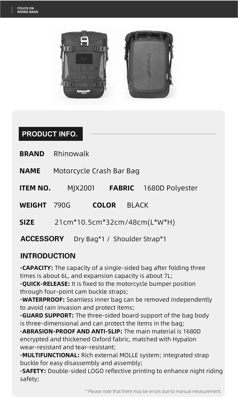 Rhinowalk Motorcycle Bumper Bag Waterproof Frame Crash Bar Pack Outdoor Cycling Tool Placement Bag With Inner Support Board
