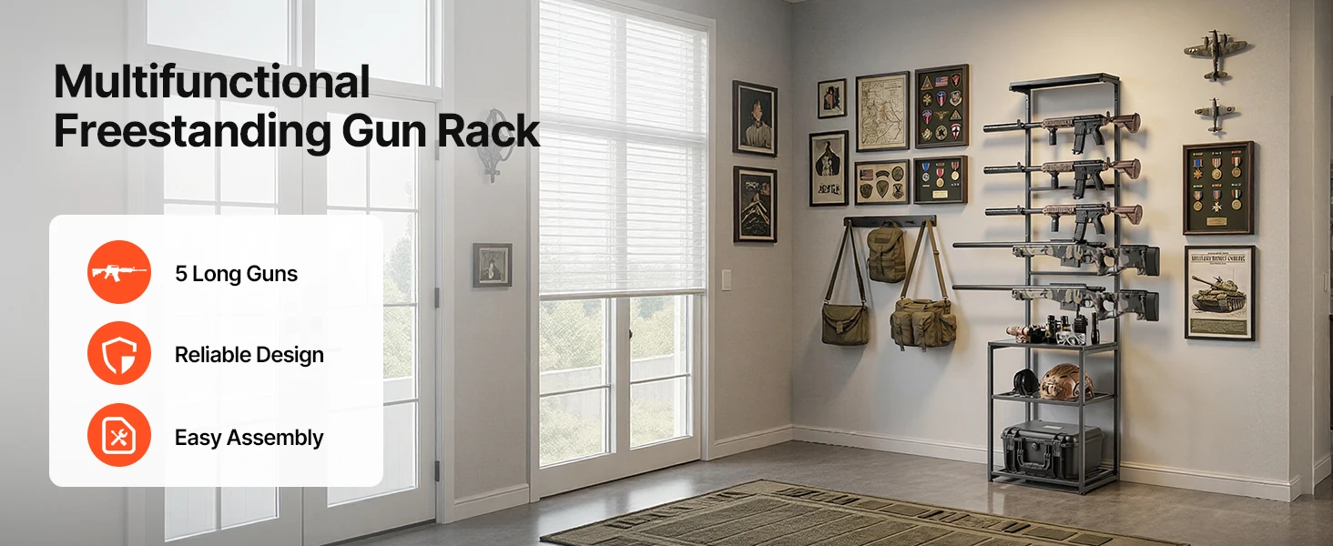 SucceBuy Gun Rack Floor Standing Indoor Rifle Shotgun Rack Stand with Storage Shelf for Wall Mount Gun Display Stand for Garage