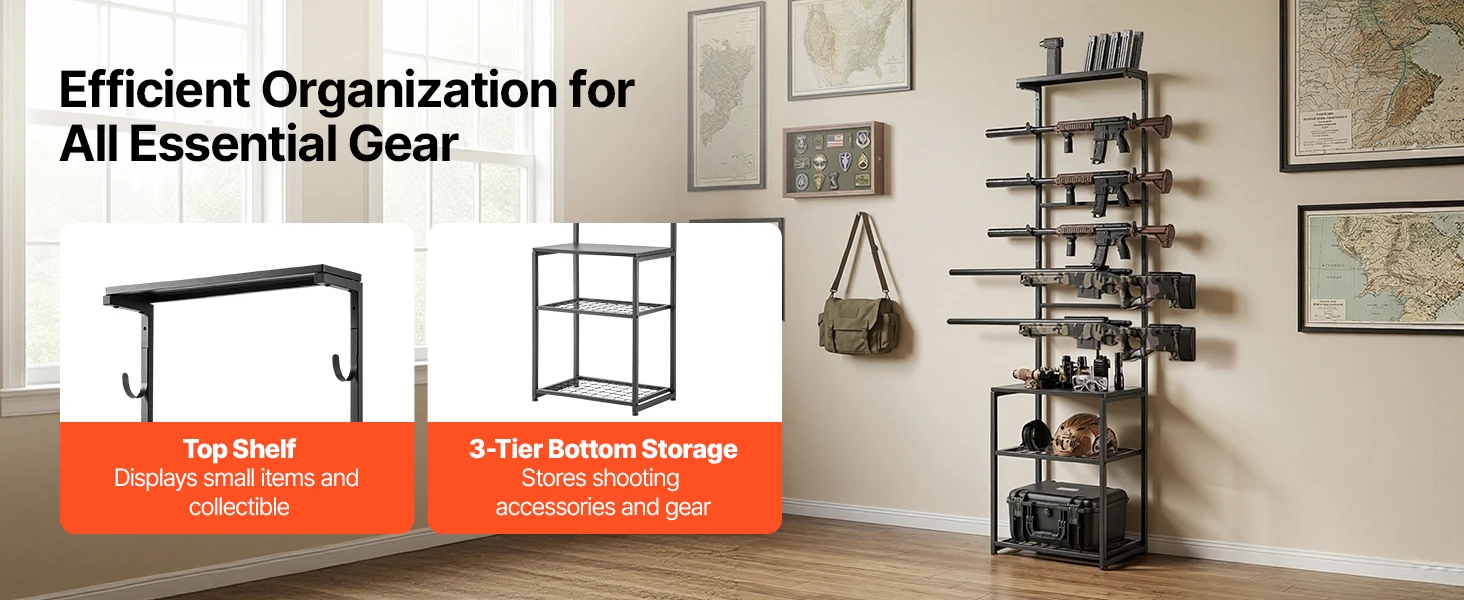 SucceBuy Gun Rack Floor Standing Indoor Rifle Shotgun Rack Stand with Storage Shelf for Wall Mount Gun Display Stand for Garage